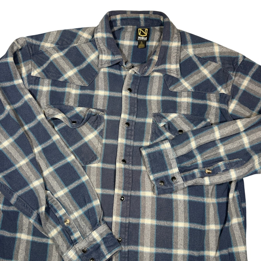 Noble Outfitters Mens XL Tall Blue Plaid Heavyweight Western Pearl Snap Flannel